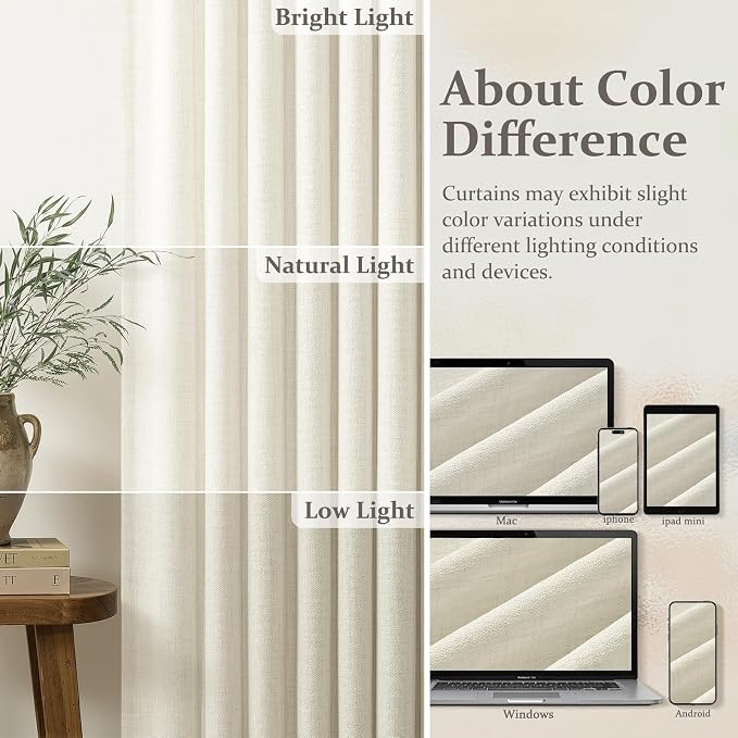 Thick Linen Sheer Extra Long 102 Inch Curtains for Kids Room 2 Panels Set, Cream Memory Trained Pinch Pleated Light Filtering Privacy Country Nursery Windows Curtain & Drapes 50 x 102 Inch Length