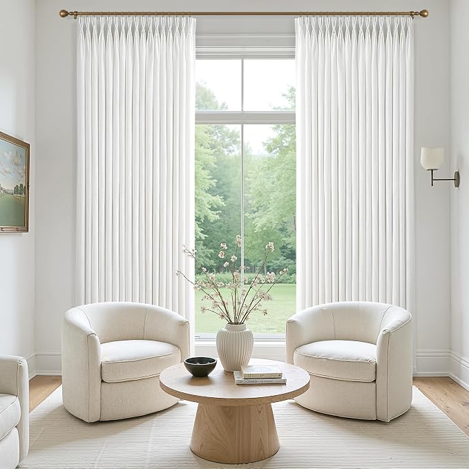 105 Inch Long White Pinch Pleated Linen Curtains 2 Panels Set for Living Room Bedroom Pinch Pleat Curtains Ivory Cream Semi Sheer Light Filtering Privacy Curtain 105 Inch Length for Sliding Door