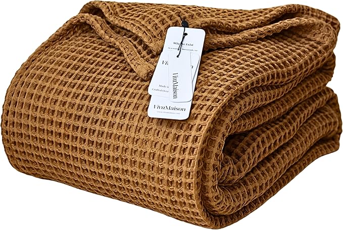 100% Turkish Cotton Throw Blanket King Size Caramel - Premium Quality, Light and Airy Waffle Weave All-Season Quilt - Lux Decorative Bedspread (Caramel, King Size 95" x 110" Inch)