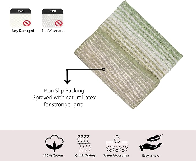 Home Weavers 100% Cotton Gradiation Collection Bathroom Décor | Washable Rug | Bathroom Mat | Kitchen Mat | Bathroom Rug Set | Bath Mat Set | Bath Floor Mat Non Slip, 3 Piece Set with Contour, Sage