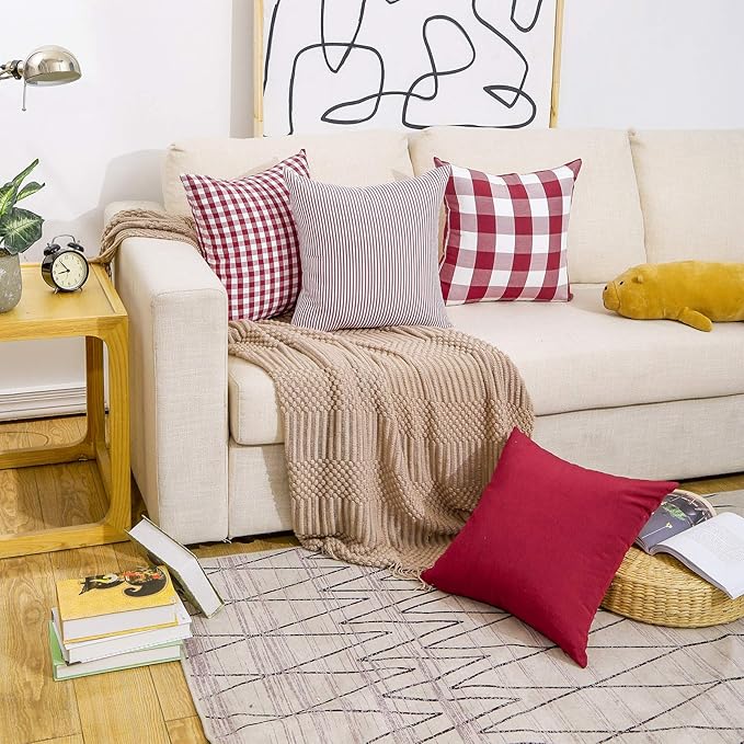 CARRIE HOME Red Plaid Decorative Throw Pillow Covers 20x20 Set of 4, Burgundy Red and White Christmas Couch Pillows 20 x 20, Red Buffalo Checkered Living Room Decor Pillows Also for Front Porch