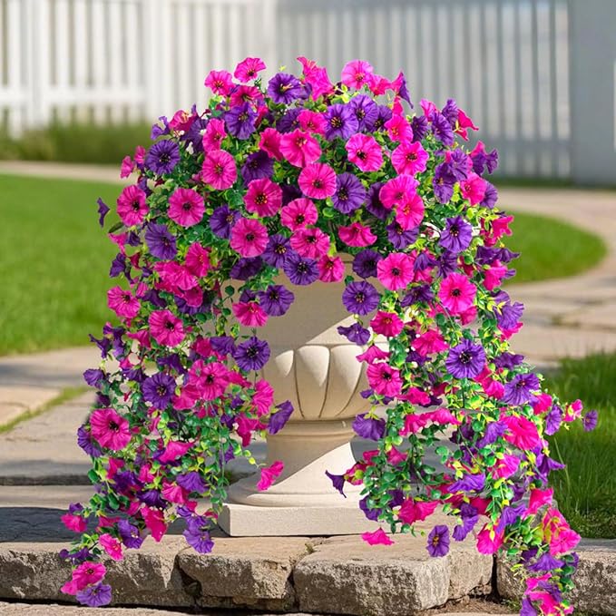 Fake Artificial Hanging Morning Glory Flowers for Outdoor Planters Porch Pation Decoration,2 Bundles UV Resistant Silk Faux Flowers with Realistic Eucalyptus Plants for Home Office Garden Decor