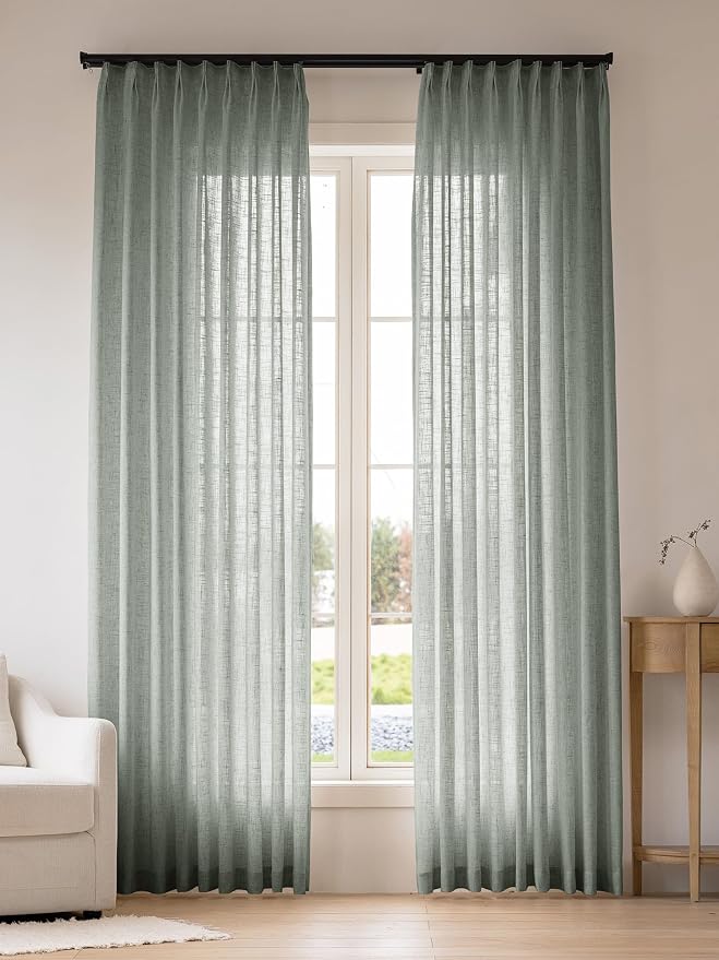 Liz Pinch Pleated Linen Curtains Light Filtering Curtains for Living Room, Farmhouse Window Curtains for Bedroom, Modern Drapes with Hooks and Rings, 108 Inches Long, Sage Green, 2 Panels Set