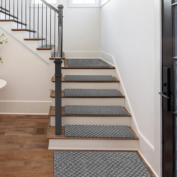 PURE ERA Carpet Stair Treads Tape Free Non Slip Indoor Stair Carpet Stair Protectors Pet-Friendly Non-Slip Skid Resistant Washable Reusable 8" x 30"(14 Pieces,Gray Mini-Diamond Trellis)