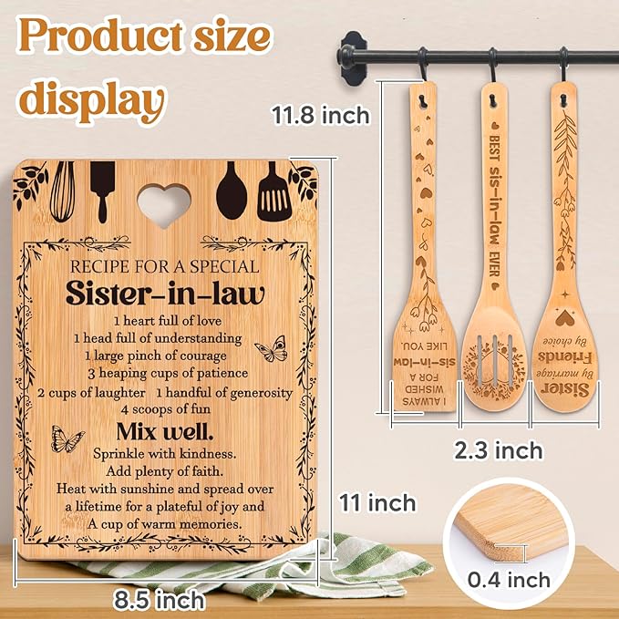 Gifts for Sister in Law - "Recipe for a Special Sister-in-Law", Sister in Law Birthday Gifts Engraved Bamboo-Made Cutting Board Set, Mothers Day Gifts for Sister in Law.