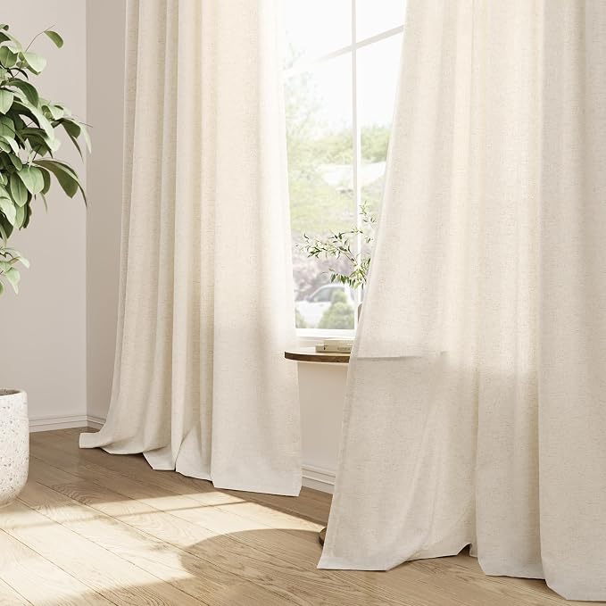 Pinch Pleated Linen Curtains 86 Inch Length 2 Panels Set for Living Room Bedroom Cream Natural Boho Farmhouse Semi Sheer Light Filtering Back Tab Pleated Drapes with Hooks Rings Beige Ivory 40x86