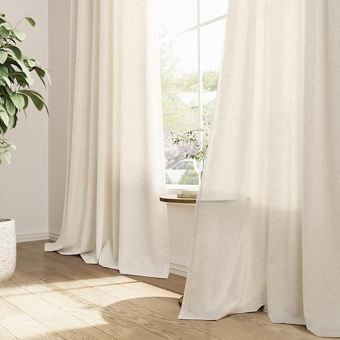 Extra Wide Pinch Pleated Linen Curtains 70 Inch Wide for Patio Sliding Glass Door Natural Cream Beige 90 Inches Long Light Filtering Drapes with Hooks Rings Back Tab for Living Room 2 Panels 70x90