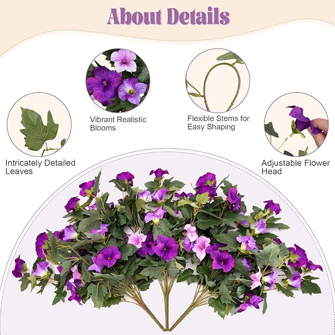 Artificial Petunia Flowers with Hanging Basket for Outdoors, 3 Pcs Fake Hanging Flowers UV Resistant Faux Silk Plants in Basket for Garden Porch Yard Patio Realistic Home Spring Decor(Double Purple)