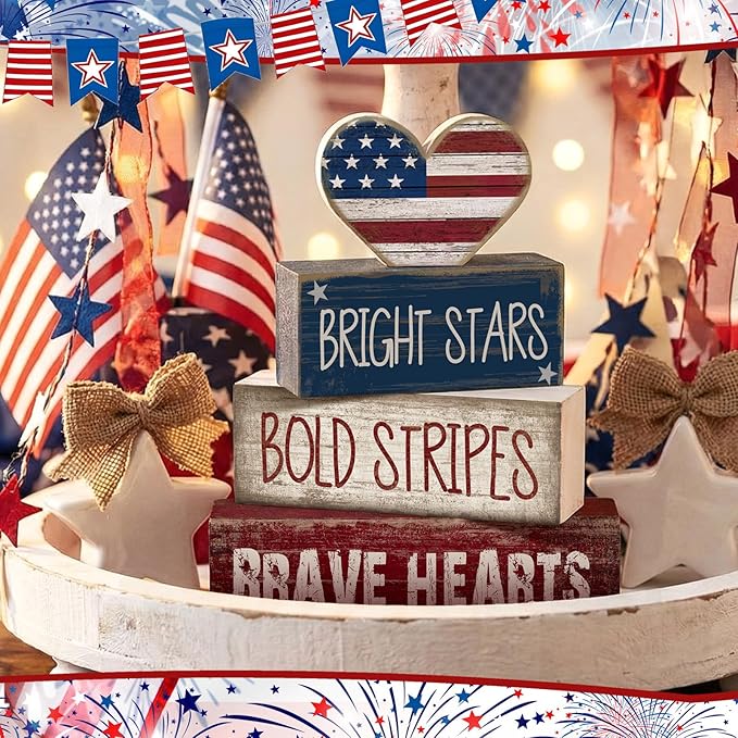 CroBlissful 4 Pcs 4th of July Decorations Patriotic Memorial Day Tabletop Decorations Red White Blue Table Centerpieces Sign for Office Tiered Tray Home Shelf 250th Anniversary(Brave Heart)