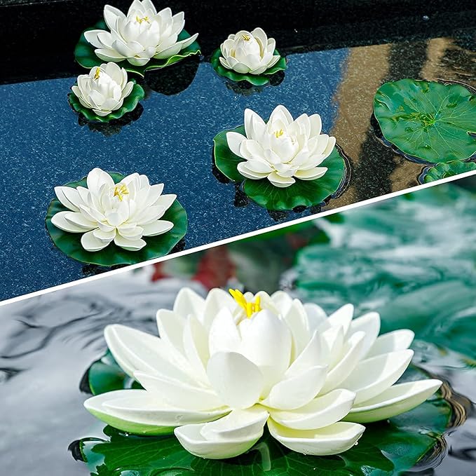 16Pcs Artificial Floating Pool Flowers, 7in & 4in Fake Water Lily Pads Flowers, Lotus Flower Floating Pool Decorations