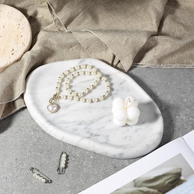 Koville Luxurious Natural Marble Vanity Tray for Home Decor, Cloud Shape Serving Stone Key Tray, 10" x 7" Marble Storage Trays for Bathroom, Stone Plate for Perfume, Candle and Jewelry（Bianco Carrara）