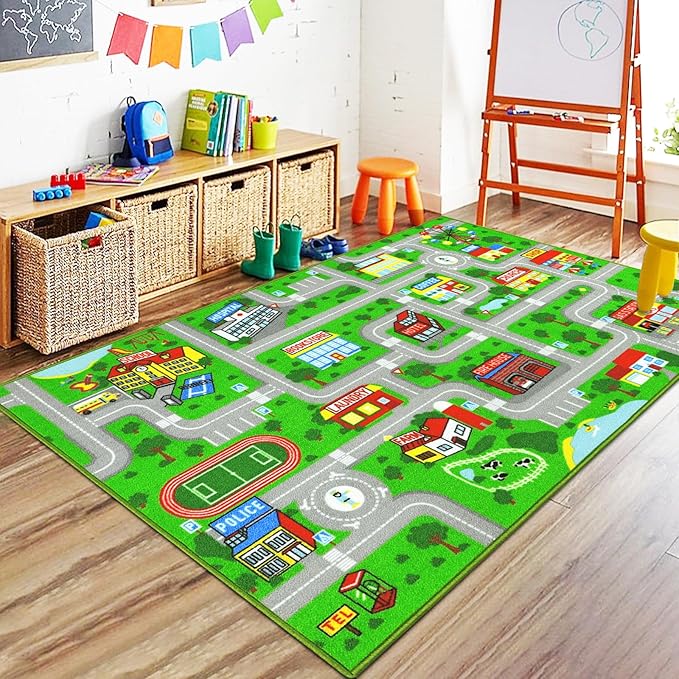 Capslpad Green Car Road Kid Rug Carpet Playmat for Playoom Traffic Road Kids Play Mat for Toddler Non Slip Washable City Map Race Track Carpet Rug for Kids Room Bedroom Nursery Room Decor,5.2'x3.3'