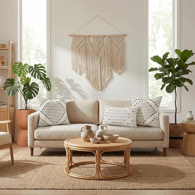 Mecatny Boho Summer Outdoor Throw Pillow Covers 18X18 Set of 2, Farmhouse Decorative Pillow Covers for Couch Sofa Living Room, Beige & Black