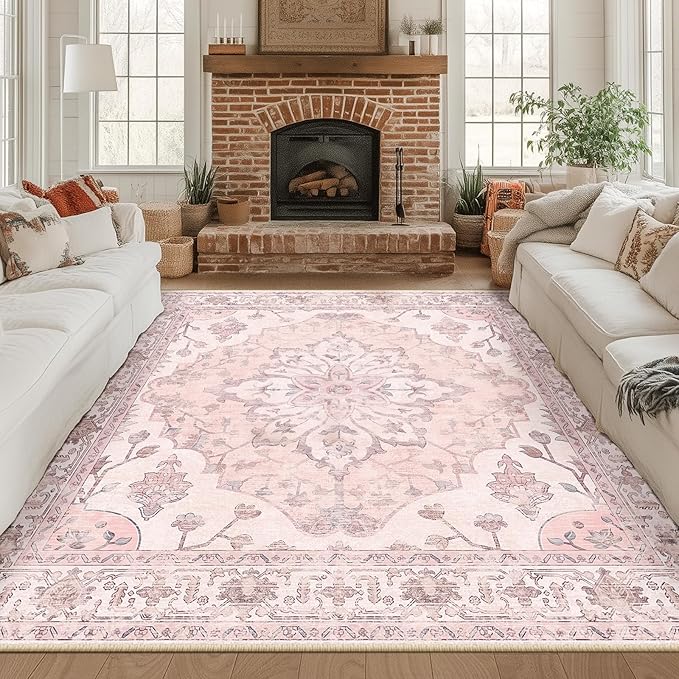 RELEANY Area Rugs Square 8ft Washable Non-Slip, Floral Vintage Distress Print Pattern Medallion Carpet for Living Room Bedroom Dining Room, Pink Greypink Cute