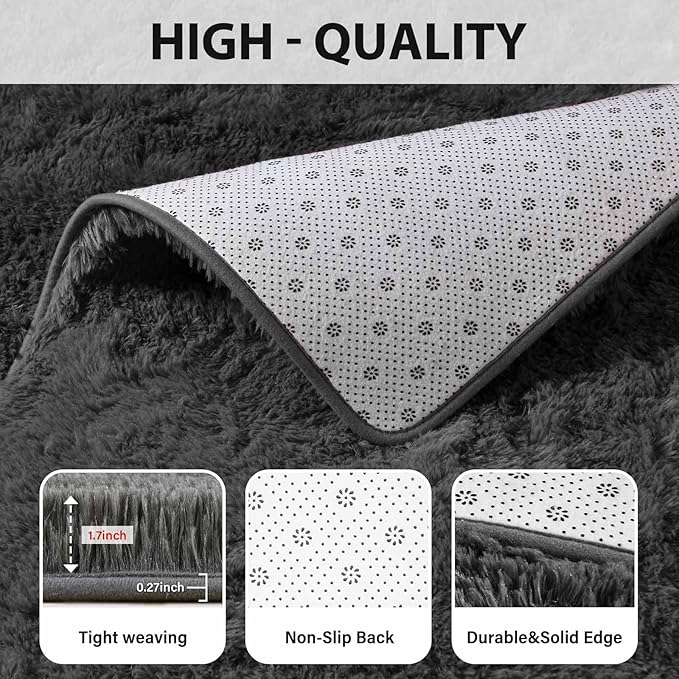 FinRèc 8x10 Feet Rugs for Living Room Bedroom, Soft Dark Grey Fluffy Area Rug, Non-Slip Solid Shag Rug for Nursery Kids Room Dorm Room Home Decor, Indoor Floor Carpet