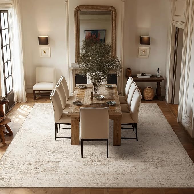 Machine Washable Rugs for Living Room: 10x14 Area Rugs for Bedroom Ultra Soft Non-Slip Low Pile Vintage Distress Boho Large Carpet for High-Traffic Dining Room - Farmhouse Decor