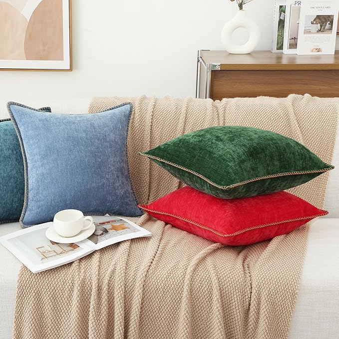 decorUhome Chenille Soft Cozy Throw Pillow Covers 26x26 Set of 2, Modern Farmhouse Boho Velvet Decorative Euro Sham Pillow Cases with Stitched Edge for Couch Sofa Bed Home Decor, Blue
