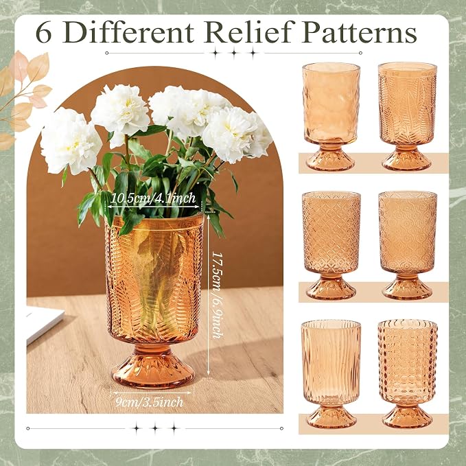 6 Pcs (H: 7" W: 4") Embossed Flower Vase Pedestal Glass Vase Big Base Thickened Crystal Vintage Vases for Wedding Party Home Decor Table Centerpiece House Warming Gifts (Amber,Classic)