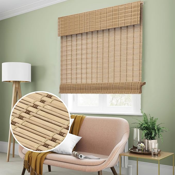 SMONTER Bamboo Roman Shades for Windows-Cordless Wooden Woven Blinds Light Filtering Bamboo Roll up Shades UV Protection and Easy Set up for Door and Countryhouse, 32" W x 64" H, Squirrel