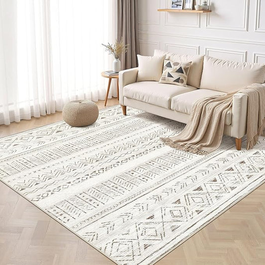 cotiled 10x10 Area Rug Living Room: Washable Boho Rugs with Non Slip Backing Large Soft Indoor Stain Resistant Carpet for Bedroom Farmhouse Dining Room Lightweight Home Decor L Brown/Cream