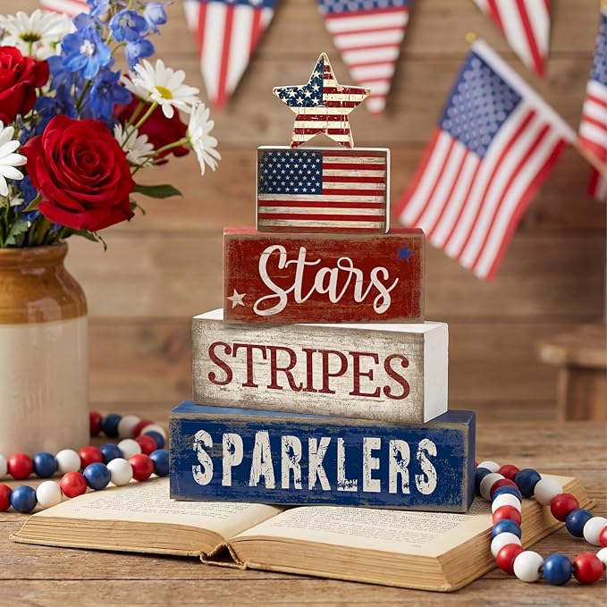 CroBlissful 5 Pcs 4th of July Decorations Patriotic Memorial Day Tabletop Decoration Red White Blue Table Centerpieces Stars Stripes Sparklers Sign for Office Tiered Tray Home Shelf 250th Anniversary