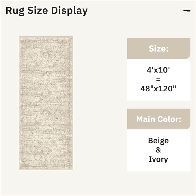 Soalmost 4x10 Wide Hallway Runner Rug: Washable Soft Rug Runners for Living Room Bedroom Ktichen, Stain Resistant Low Pile Area Rugs Non Slip Floor Carpet (Beige, 4x10)