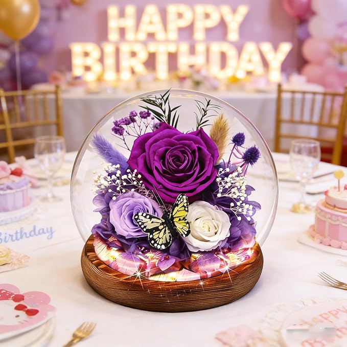 Purple Rose Gifts for Mom Birthday Gifts for Women | Forever Rose Mothers Day Gift for Grandma Mom Sister Daughter Wife Birthday | Fresh Flowers for Delivery Prime Real Flowers in Glass Dome