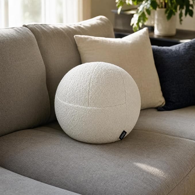 Orb Bouclé Sphere Pillow, 12 Inch Ergonomic Back & Arm Support, 600 GSM Textured Décor Throw Pillow with Hidden Pocket, White