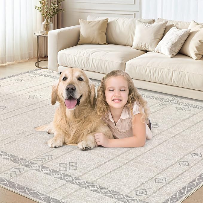 cotiled 6x9 Area Rug Living Room: Washable Boho Rugs with Non Slip Backing Large Soft Indoor Stain Resistant Carpet for Bedroom Farmhouse Dining Room Lightweight Home Decor Grey Beige