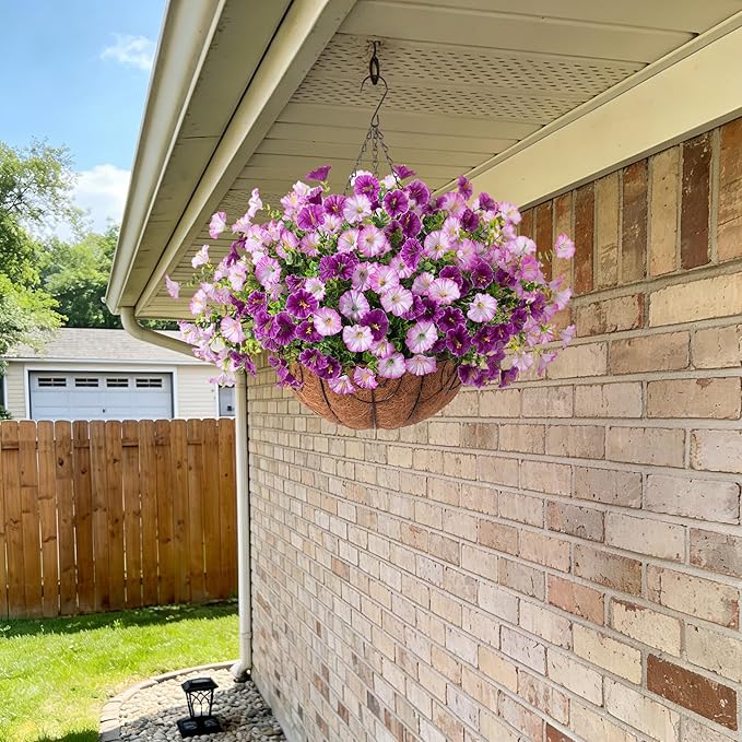 Artificial Fake Hanging Flowers with Basket for Outdoors, Faux Petunias Flowers Fake Hanging Plants with Eucalyptus Realistic UV Resistant for Patio Garden Porch Balcony Yard Decor(Double Purple)