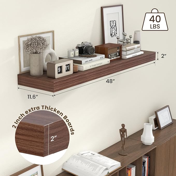 FLYJOE Deep Floating Shelves, 48 Inch Walnut Shelves Set of 1 | 12 Inch Deep Shelves for Wall, 48'' x 12'' Rustic Wood Shelves for Bathroom Living Room Laundry Room Kitchen
