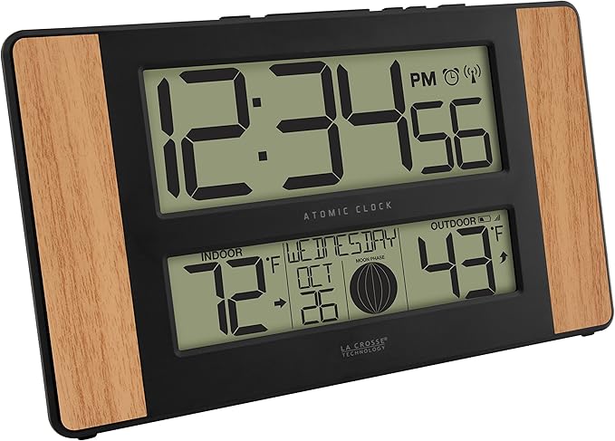 La Crosse Technology Atomic Digital Clock with Outdoor Temperature, Wood Oak, 0