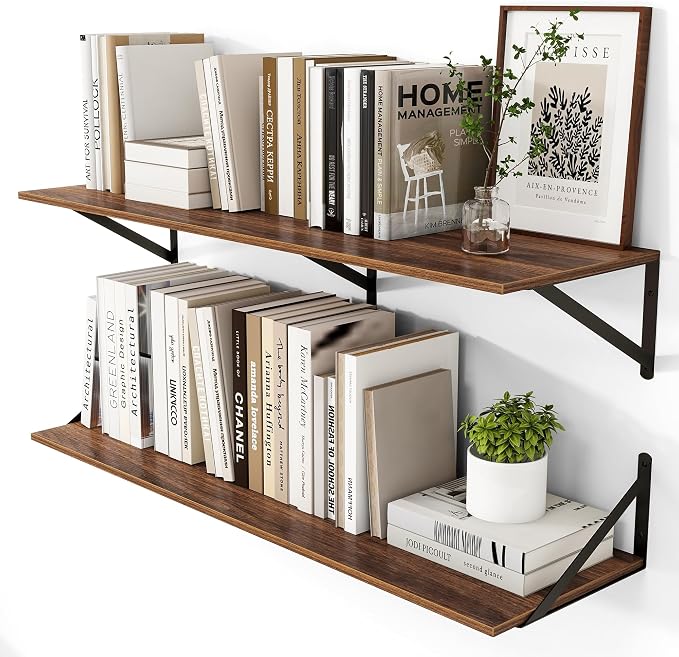 Heimlove 12 Inch Deep Floating Shelves for Wall, 40W x 12D Wood Wall Shelves Set of 2, Walnut Wide Floating Bookshelf for Living Room, Kitchen, Office, Bedroom, with Black Metal Bracke - Walnut