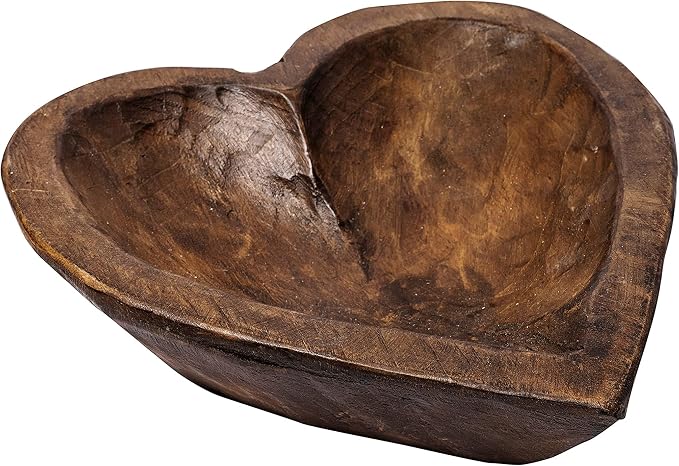 MAINEVENT Decorative Bowl Home Decor Approx 10.5x12 Inch, Spanish Oak Wooden Dough Bowl, Heart Shaped Wood Dining Room Table Centerpiece Made in USA