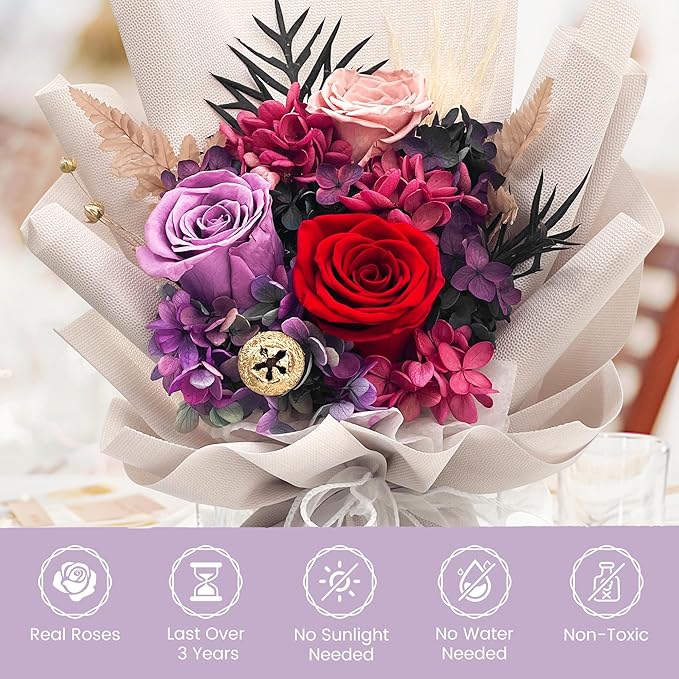 QOEAZY Flowers for Delivery, Preserved Flowers Bouquet with Gift Box, Rose Gifts for Women Mom Grandma