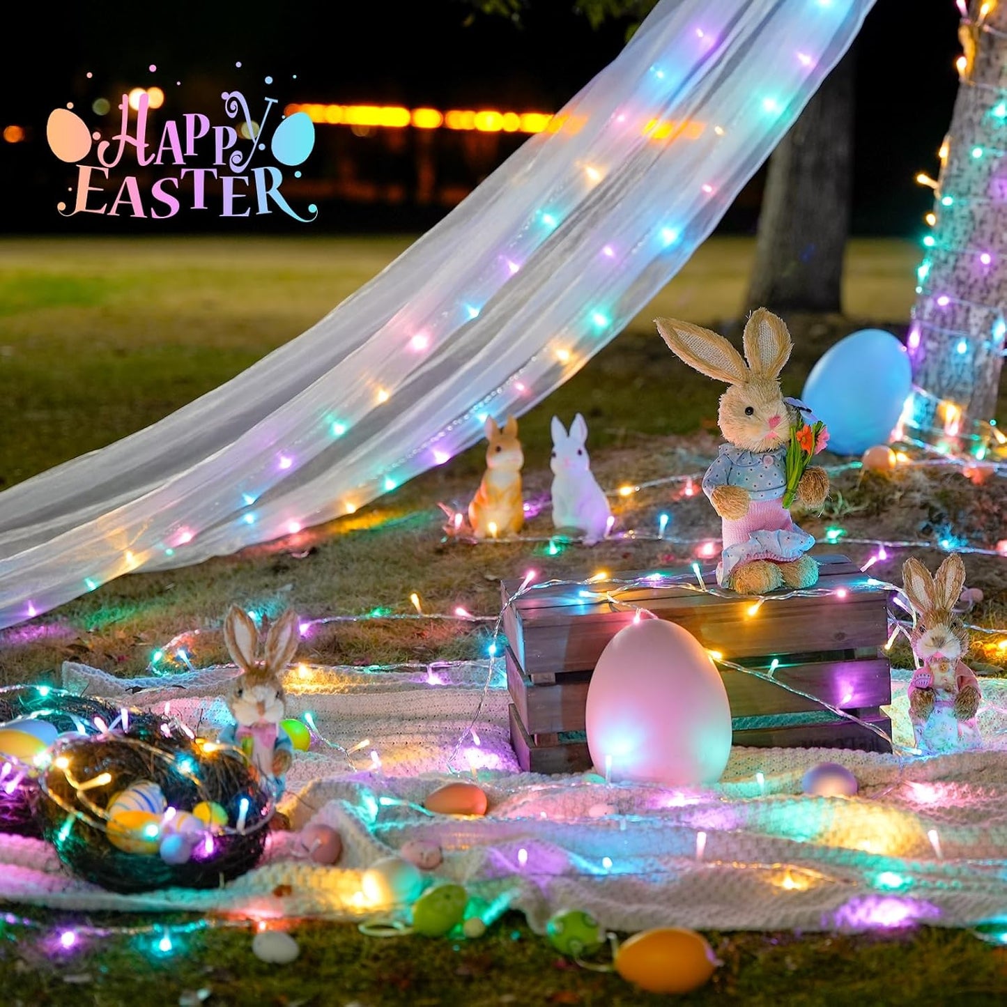 JMEXSUSS 33ft 100 LED Easter Lights for Indoor Outdoor Use, 8 Modes Connectable Easter String Lights Plug-in, Clear Wire Colorful Christmas String Lights Outdoor Waterproof