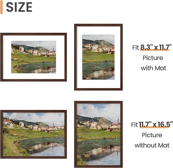 upsimples A3 Picture Frame, Display Pictures 8.3x11.7 with Mat or 11.7 x 16.5 Without, Wall Hanging Poster Frames, Brown, 1 Pack