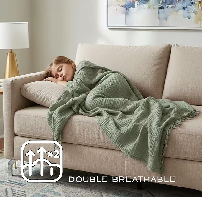 KyraHome 100% Organic Cotton Throw Blankets, 60"x80", Pre-Washed Plant Dyed, Lightweight Gauze Soft Muslin Blankets, Adults, Picnic, Travel, Summer, All Season, Sage Green