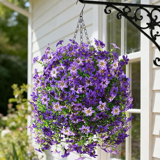 Artificial Hanging Baskets Outdoor, 4 Bundles Artificial Hanging Flowers Outdoors Spring Summer Decoration, No Fade Realistic Fake Hanging Baskets for Porch Patio Balcony Home Yard Decor