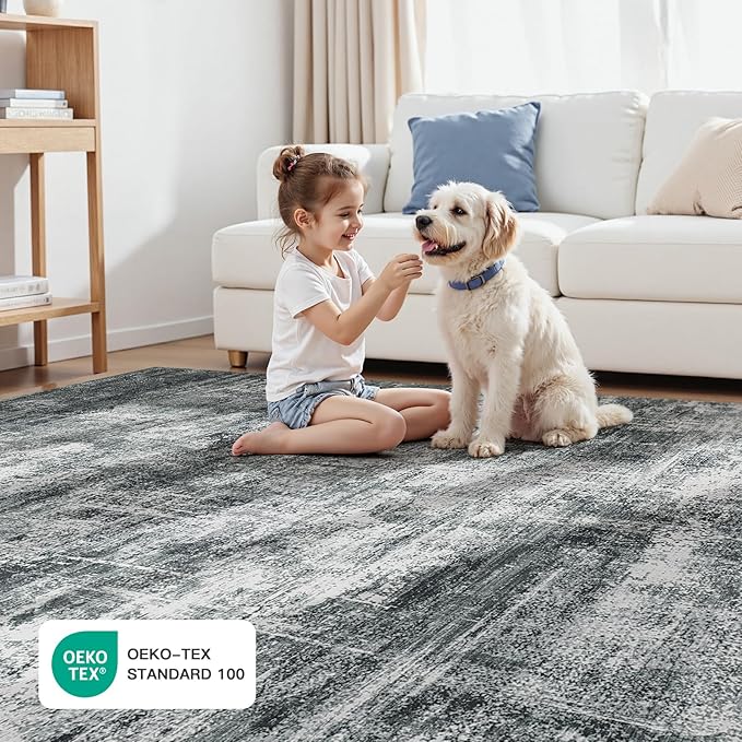 Lofus 5x7 Area Rug for Living Room, Grey Abstract Rugs with Non-Slip Backing, Neutral Modern Washable Carpet for Bedroom Dining Room Home Office Nursery Indoor