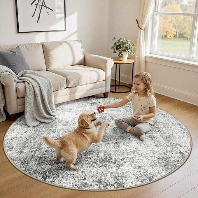 RELEANY Washable Area Rugs 6ft Non-Slip Modern Abstract Soft for Living Room Entryway Bedroom Nursery, Print Pattern, Gray White Grey