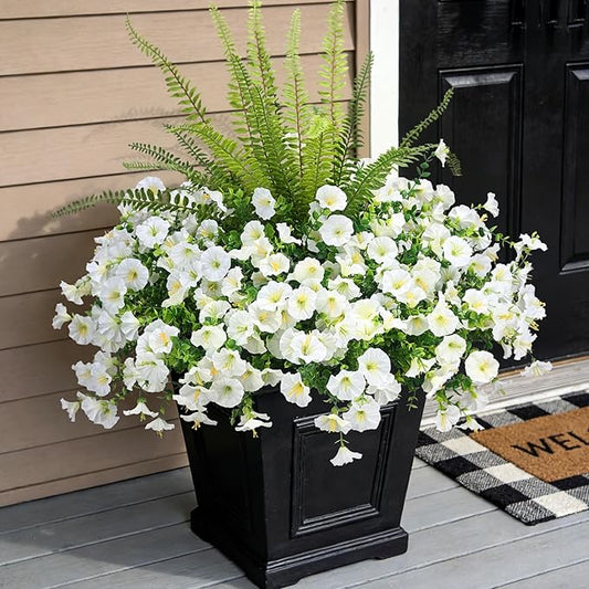 Hrobek Artificial Flowers for Outdoors Faux Plants Outside Indoor,UV Resistant Silk Fake Morning Glory Tall Ferns for Home Patio Garden Back Yard Front Porch Decor Spring Summer(13 Bunches,White)