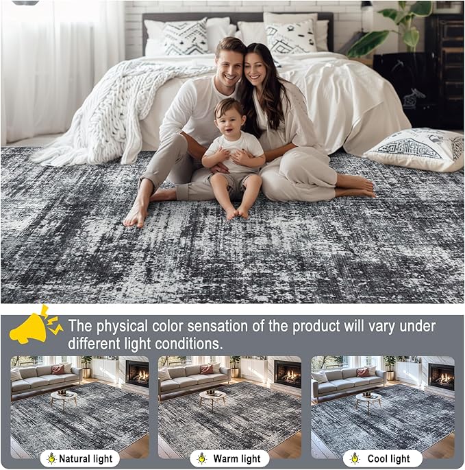 Area Rugs 10x14 Living Room - Washable Rug Modern Abstract Soft Large Neutral Non-Slip Carpet Indoor Floor Thin Carpets for Bedroom Dining Room Farmhouse Nursery Home Office Dark Black
