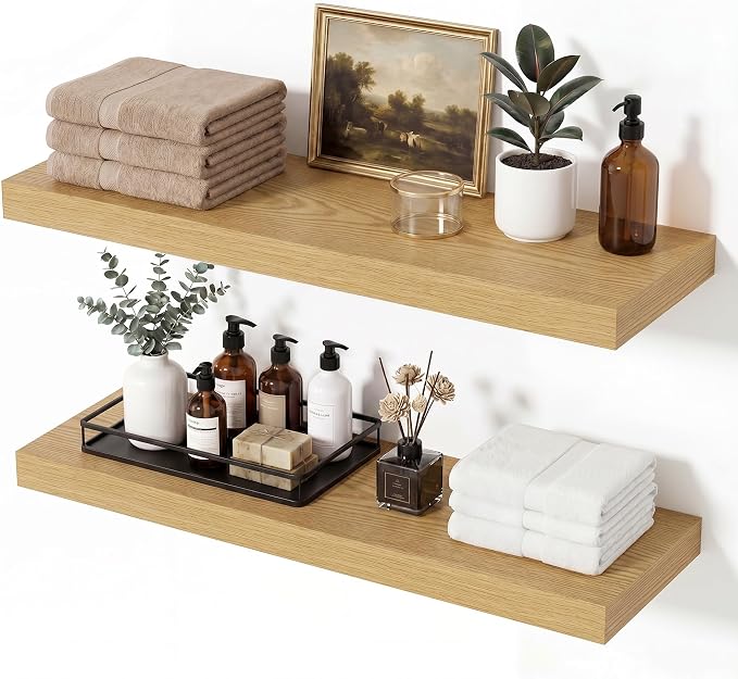 Vivelove Wall Floating Shelves for Display with Invisible Brackets, 24 inch Floating Shelves for Bedroom Bathroom Living Room Kitchen Office, 24”X 8" X 1.4", Set of 2 - Oak