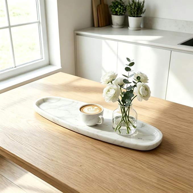 Natural Marble Vanity Tray, 16.6"x4.6" White Real Stone Decorative Tray for Bathroom Countertop & Home Decor, Catchall Organizer for Jewelry, Candles, Cosmetics & Perfume（White）