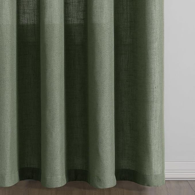 80 Inch Olive Green Linen Curtains for Living Room 2 Panels Semi Sheer Light Filter Linen Drape Boho Farmhouse Floor Length Grommet Forest Green Curtains 80 Inches Long for Bedroom Aesthetic Office
