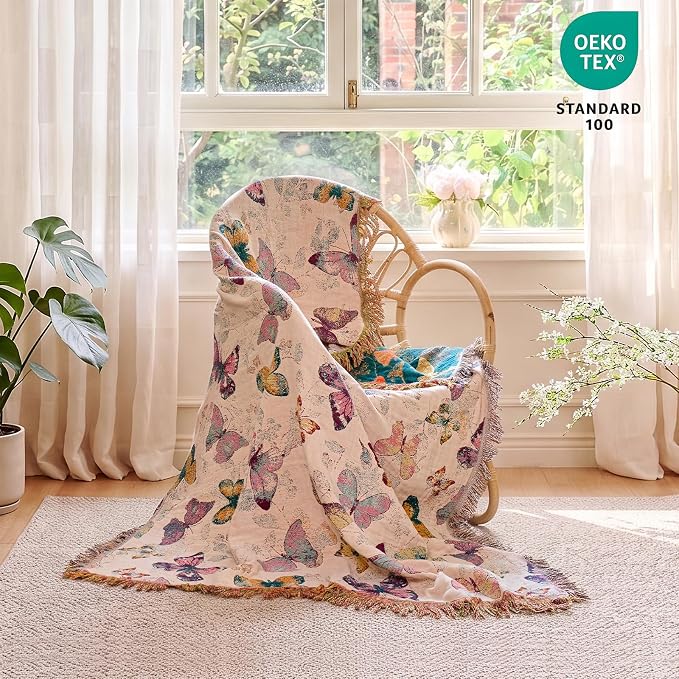 MSGKV Boho Throw Blanket for Bed Cotton Butterfly Twin Size Couch Blanket 60"x80" Muslin Summer Breathable All Seasons Lightweight Farmhouse Blankets