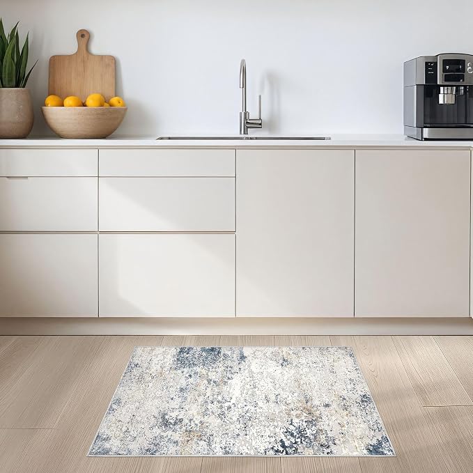 DMOYEST 2x3 Entryway Area Rug: Washable Neutral Modern Abstract Small Rug - Non-Slip Low Pile Throw Indoor Carpet for Entrance Kitchen Front Door Mat Bathroom Entry Kids Room - Beige Blue