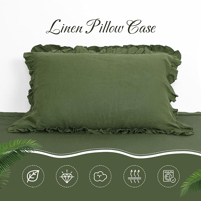 Linen Ruffled Pillow Cases,100% French Natural Linen Pillowcase Set of 2,Decorative Boho Pillow Cases Ruffle Bedding King Size (20''x40''),Olive Green