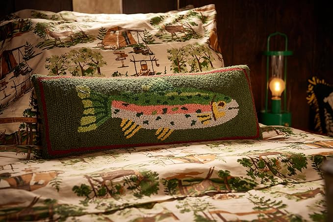 Camp Wandawega Trout Wool Hook Throw Pillow, Vintage Lodge Decorative Pillow, Oblong 8x22